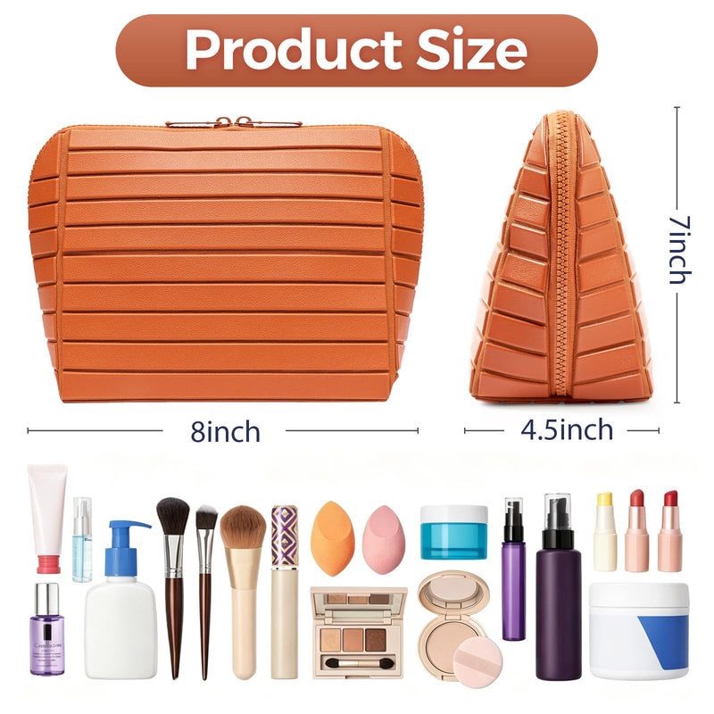 Travel Makeup Organizer Bag with Fold-Down Design and Adjustable Dividers, 27 Pockets & 3 Brush Storage Holders, Large Capacity Cosmetic Bags Toiletry Case - Brown Medium