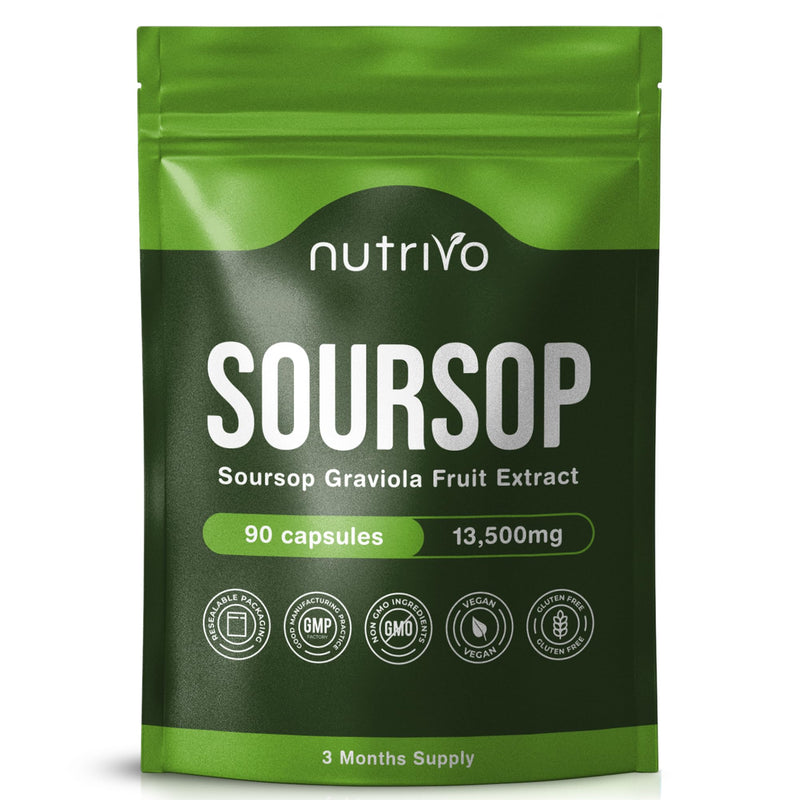 Soursop Graviola Capsules | 13,500mg Per Capsule | 90 Capsules Per Pouch - 3 Months Supply | One A Day | High Strength Soursop Supplement | Vegan & UK Made