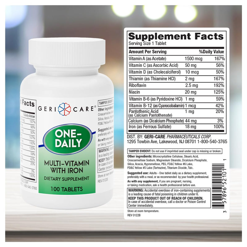 GeriCare One-Daily Multi-Vitamin with Iron, Complete Daily Nutritional Supplement with Essential Minerals for Energy, Immunity, Bone & Overall Wellness, 100 Count (Pack of 2) 100 Count (Pack of 2)