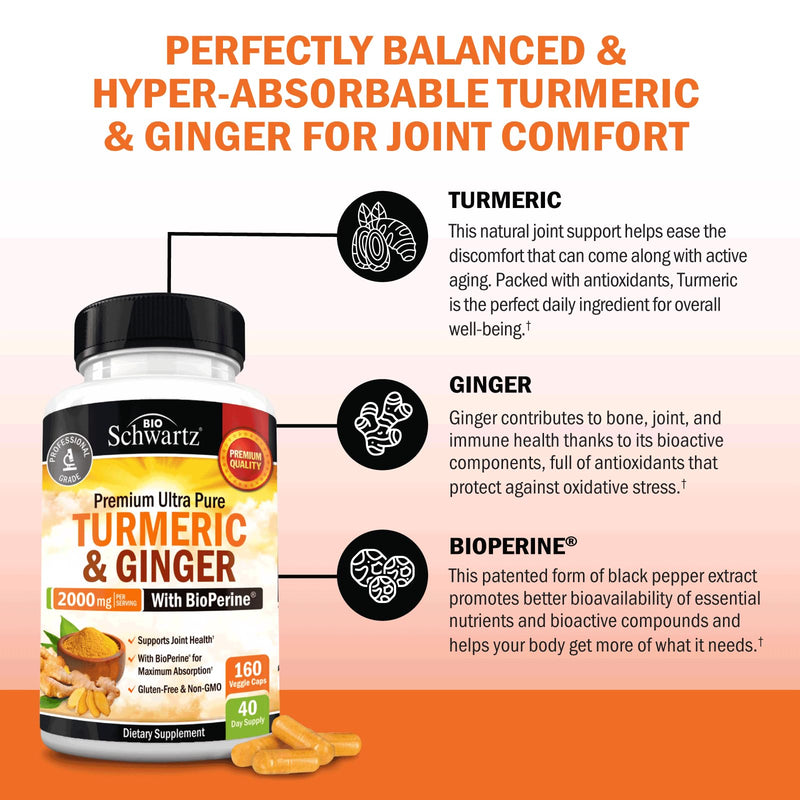 [Australia] - Turmeric Curcumin and Ginger 2000mg with BioPerine for Maximum Absorption, 95% Standardized Curcuminoids Natural Turmeric Supplement for Joint & Immune Support - Gluten-Free, No-GMO, 160 Capsules Turmeric Ginger Capsules 160 Count (Pack of 1) 