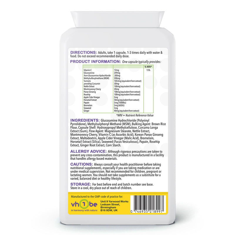 Glucosamine Complex Plus 12-in-1 – High Strength Glucosamine HCl with MSM, Turmeric, Rosehip, Sour Cherry & Vitamin C – 120 Capsules | Non-GMO | Plant-Based Vegan Supplement | Made in UK