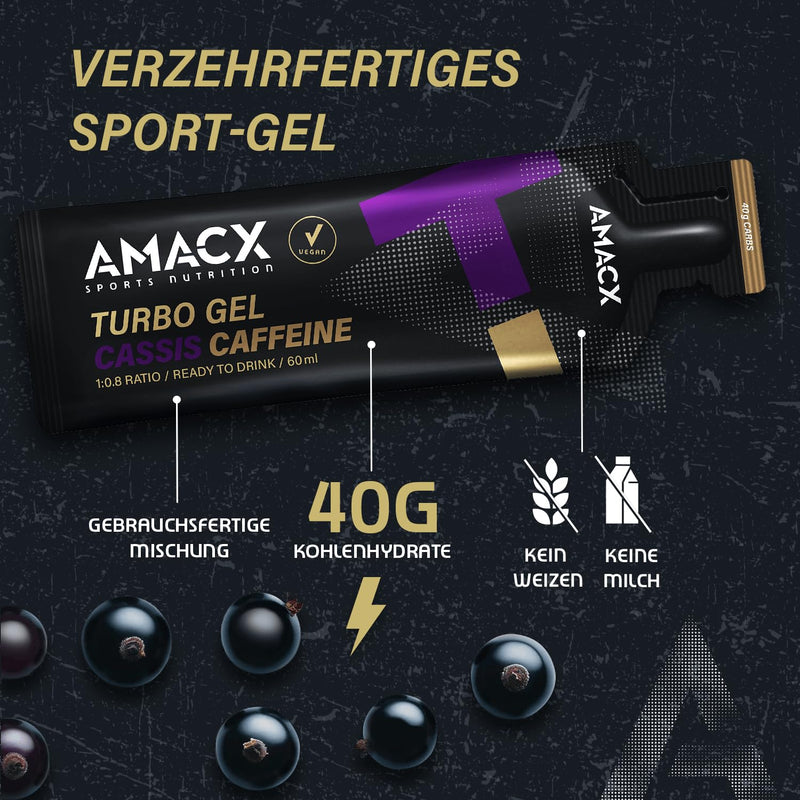 AMACX Turbo Energy Gel for Endurance Athletes with Caffeine, 12 x 60 ml, 200 mg Sodium, 40 g Carbs, Quick-Absorbing Sports Gels (Cassis Caffeine) Cassis Caffeine