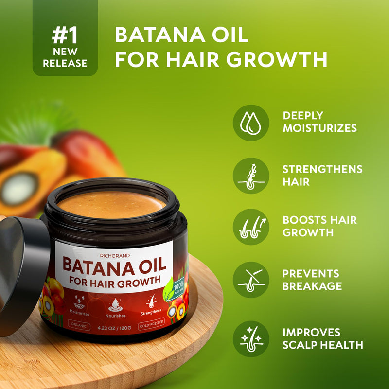 Batana Oil for Hair Growth - 100% Raw & Organic Unrefined Batana Oil - Cold Pressed Hair Mask for Scalp Health, Thicker Hair & Split Ends Repair - Natural & Pure (4.23 oz) 4.23 Fl Oz