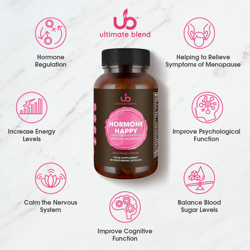 Hormone Happy Menopause Support Supplement | 60 Vegan Capsules | 16 Active Ingredients | High-Strength Daily Formula for Energy, Hormonal Balance & Immune Support | by Ultimate Blend