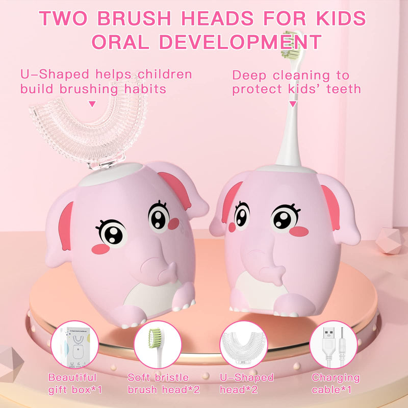 Kids Electric U Shaped Toothbrush Children Rechargeable Sonic Toothbrush with 4 Brush Heads Full Mouth 6 Cleaning Modes -(Age 8-15 Pink) Pink Elephant（ages 8-15）