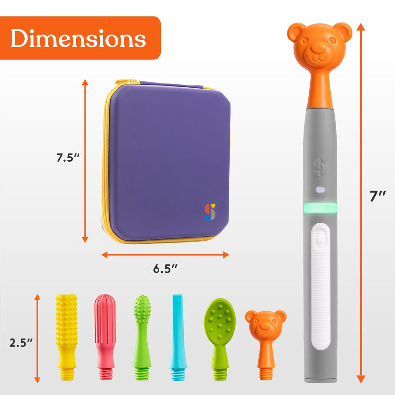 Special Supplies Buzz Buddy Oral Motor Stimulation kit with 6 Soft Textured Interchangeable Heads, Calm Sensory Needs, Support Speech, and Stimulate Self Feeding, Gentle Vibrations (Grey) Grey