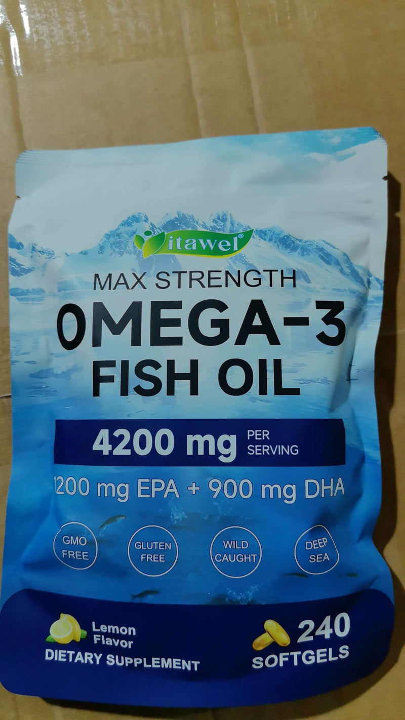 Omega 3 Fish Oil 240 Softgels 4200mg with High Strength EPA 1200mg DHA 900mg,Triple Concentrate Lemon Flavour, Easy to Digest,Wild Caught Deep Sea,Daily Wellness Routine,80 Day Supply