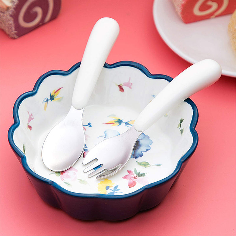 [Australia] - Kirecoo 2 Set Toddler Utensils, Toddler Forks and Spoons, Stainless Steel Toddler Silverware Set, Designed for Self Feeding Flatware Set with Travel Carrying Cases BPA Free (White & Aqua) White & Aqua 