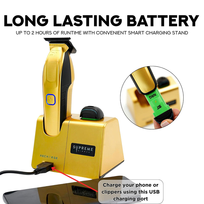 [Australia] - Supreme Trimmer Recharge ST777 – Professional Barber Trimmer with 2 Removable Batteries | 8000 RPM Motor, Zero Gap DLC Blades, Smart Charging Dock, USB-C Fast Charge Gold 