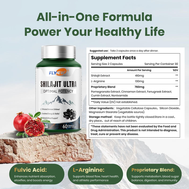 [Australia] - Shilajit for Men Women, Shilajit with Naturally Fulvic Acid & L-Arginine, Himalayan Shilajits for Extra Power, Stamina & Immune Support, Non-GMO, Made in USA, 60 Capsules, 1,300mg Per Serving 1 Pack Shilajit 