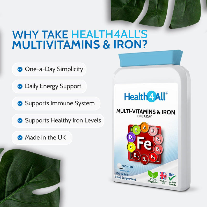 Health4All Multivitamins & Iron 360 Easy to Swallow Tablets, One a Day 1 Year Supply with 100% RDA of Vitamins | Supports Immune System and Overall Health of Men & Women | Made in UK 360 count (Pack of 1)