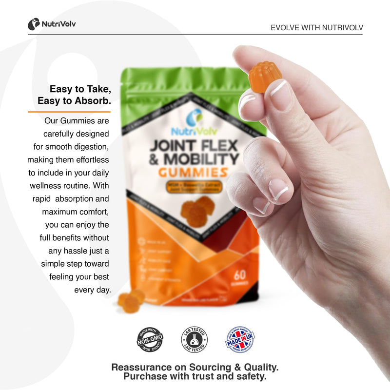 Joint Flex & Mobility Gummies | 60 Gummies | MSM, Boswellia, Vitamin C | Orange & Lime Flavour | High Strength Joint Care Supplement for Adults | 1 Month Supply | Made in UK | by NutriVolv