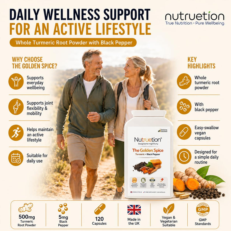 Turmeric with Black Pepper Capsules 500mg | Whole Turmeric Root Powder + 5mg Black Pepper | 120 Vegan Capsules | UK Made Turmeric Supplement