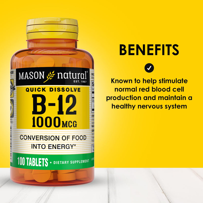 MASON NATURAL Vitamin B-12, 1000 mcg Quick Dissolve Tablets, 100 Day Supply | 1000mcg quick-dissolve vitamin B12 tablets to support normal energy, red blood cell production & nerve function 100 Count (Pack of 1)