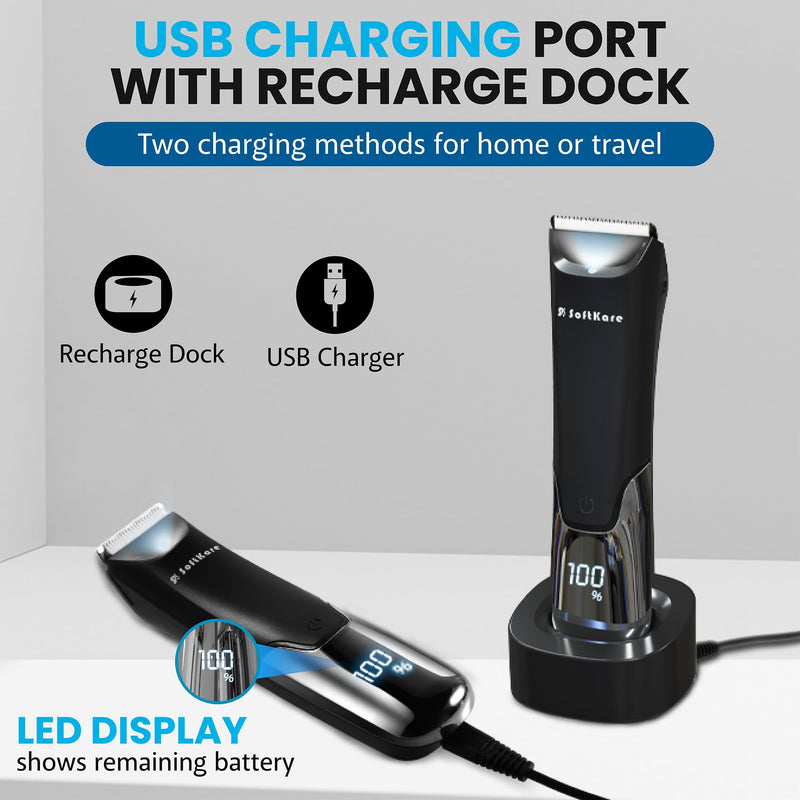[Australia] - Body Hair Trimmer for Men Manscape - Electric Safe Shaver Pubic Hair Groomer LED Light Ball Razor Waterproof Mens Trimmers Rechargeable Cordless Replaceable Ceramic Blade Clipper Wet/Dry Smooth 