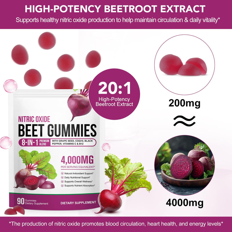 Beetroot Gummies, 4000mg Organic Beetroot Extract Supplement High-Concentration 8 in 1 Beetroot Supplement with Vitamin C, B12 CoQ10 Grape Seed Extracts, Boost Energy Levels &Heart Health 90 Chews (1)