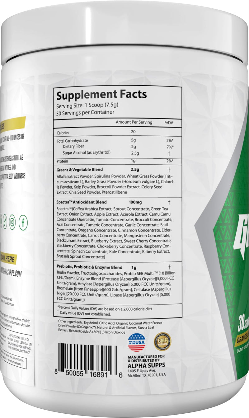 Alpha Supps - Alpha Greens Supplement | Fruit & Vegetable Superfood Powder | Over 40 Natural Plant Based Ingredients | Prebiotic & Probiotic Digestive Support Blend - 30 Servings (Orange Cherry) Orange Cherry