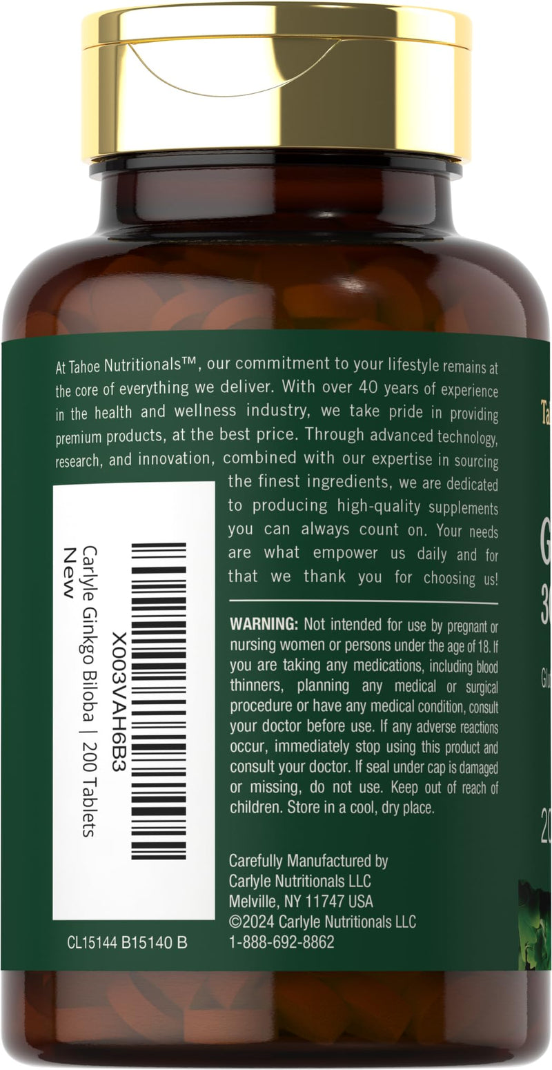 [Australia] - Carlyle Ginkgo Biloba | 3000mg Per Serving | 200 Tablets Extra Strength | Vegetarian | Non-GMO & Gluten Free Supplement | Tahoe Nutritionals 200 Count (Pack of 1) 
