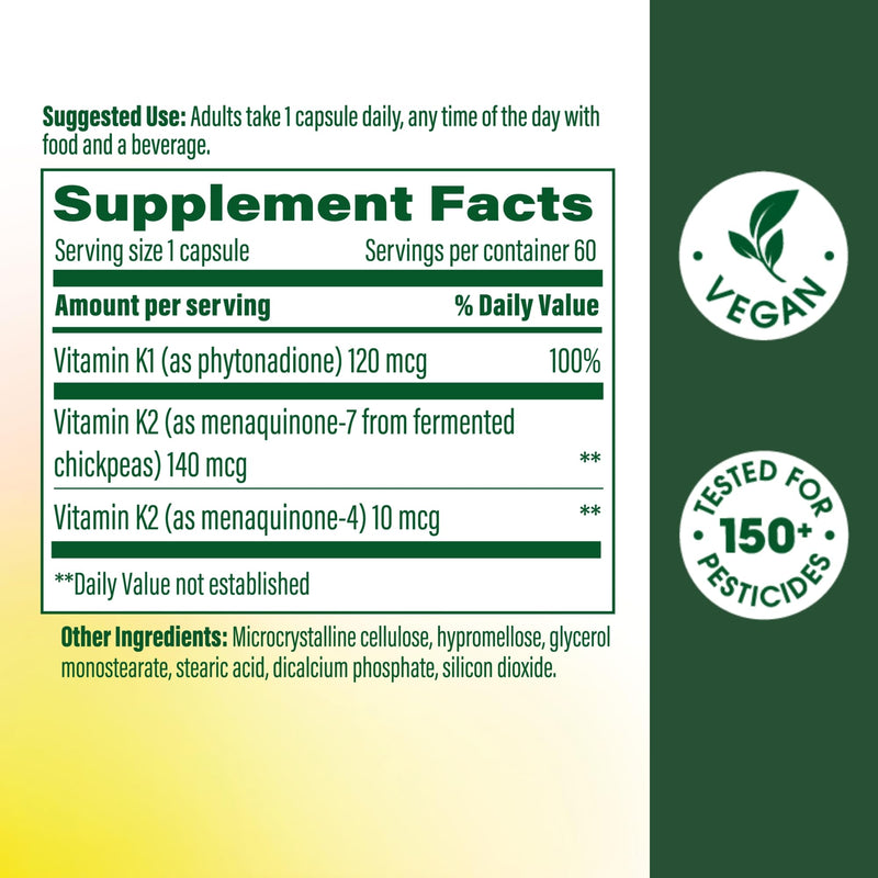 MegaFood Vitamin K1 & K2, Heart Health Support, 60 Capsules | Vitamin K2 MK7 from Fermented Chickpeas, Works with Calcium to Support Healthy Bones, Supports Heart Health, 60 Servings