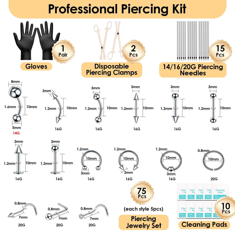 [Australia] - 104PCS Body Septum Piercing Kit with 14G/16G/20G Piercing Needles Piercing Jewelry and Tool Set for Ear Nose Belly Button Nipple Lip Cartilage Eyebrow Tongue Navel Piercing Kit for All Piercings Silver 