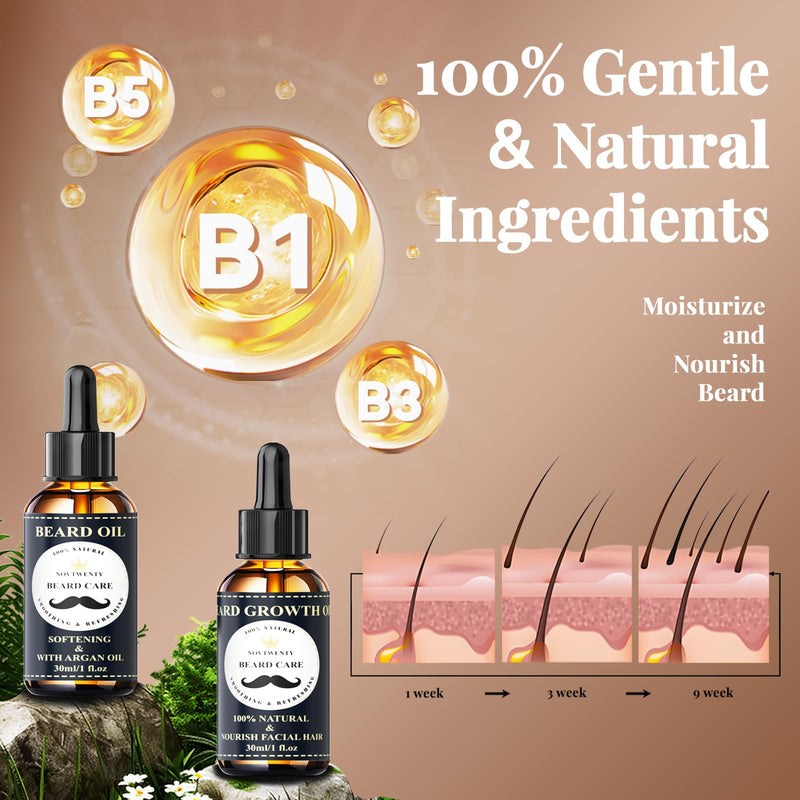 [Australia] - NOVTWENTY Beard Growth Set - 7-piece beard care set for men, including beard wash, beard oil and beard growth oil, beard conditioner, beard balm, beard comb, gift box set for boyfriend, husband, father 