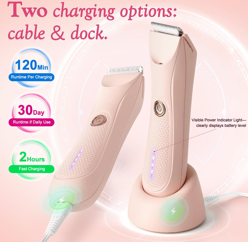 [Australia] - Riokko Bikini Trimmer for Women with LED Light and IPX7 Waterproof Dual Charging, Skin-Safe Cordless Pubic Hair Shaver with Battery Indicator Pink 