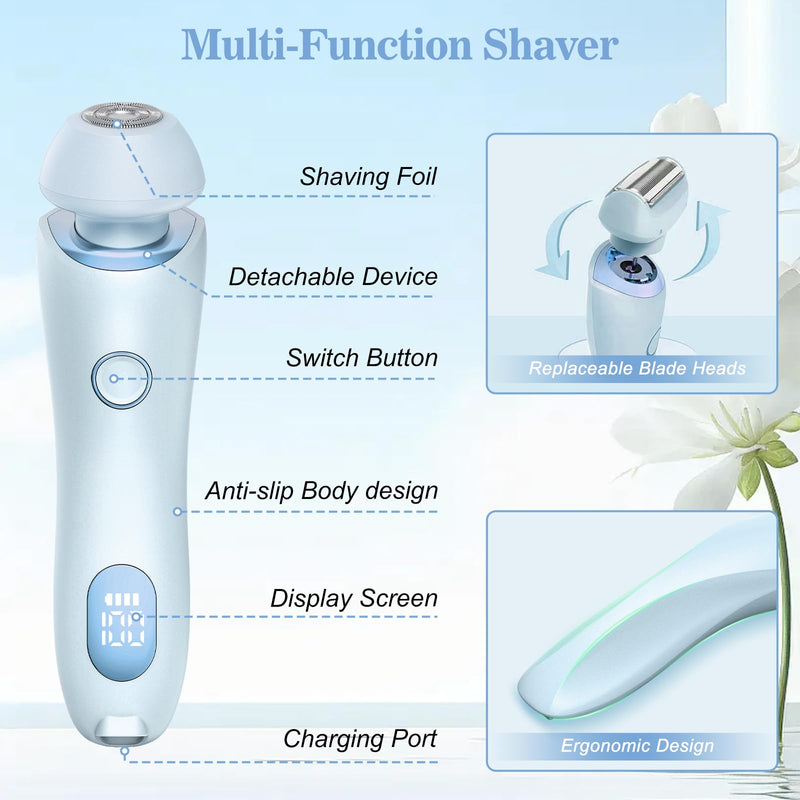Electric Shaver for Women, 2 in 1 Wet & Dry Bikini Trimmer with 2 Removable Heads, Painless Hair Removal for Bikini, Legs, Underarms, Body (Blue)