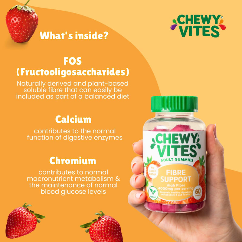 Chewy Vites Adults Fibre Support, 60 High Fibre Gummies with 4000mg, with Calcium & Chromium, 1 Month Supply, Vegan, Strawberry Flavour, for Gut Health and Healthy Digestion