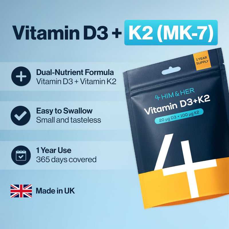 Vitamin D3 K2 Tablets (800 IU + 100µg MK7) – 365 Small Easy to Swallow UK Made Vegan Vitamin D Supplement (1 Year Supply) – Bone Health, Teeth, Muscle & Immune – Cholecalciferol – 4 HIM & HER Vitamin D3 + Vitamin K2 (800IU + 100µg)