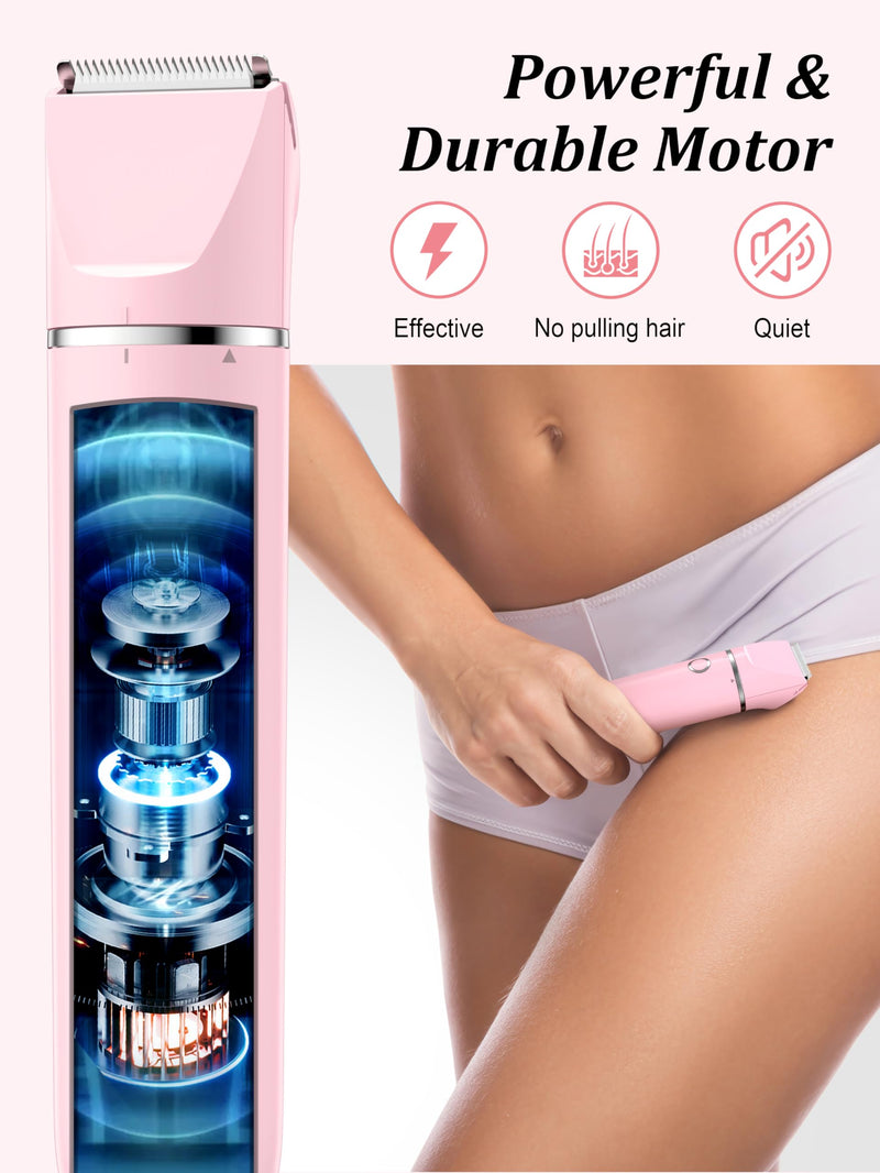 Bikini Trimmer and Shaver Kit for Women - 2-in-1 Wet/Dry Electric Body Hair Trimmer Facial Hair Removal Cordless Waterproof Bikini Shaver Razor for Face Lip Chin Pubic Underarm Legs Pink