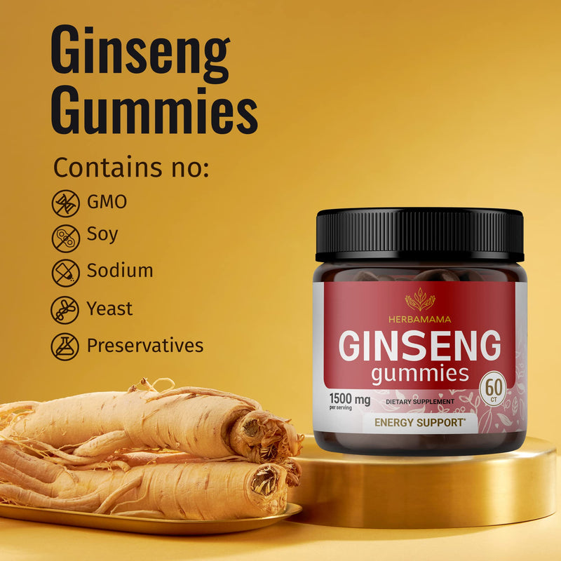 [Australia] - Korean Red Panax Ginseng Gummies - Memory, Mental Focus, Mood & Immunity Support Herbal Ginseng Supplement Vitamin - Natural Vegan Ginseng Gummies - 1500 mg 60 Chews 