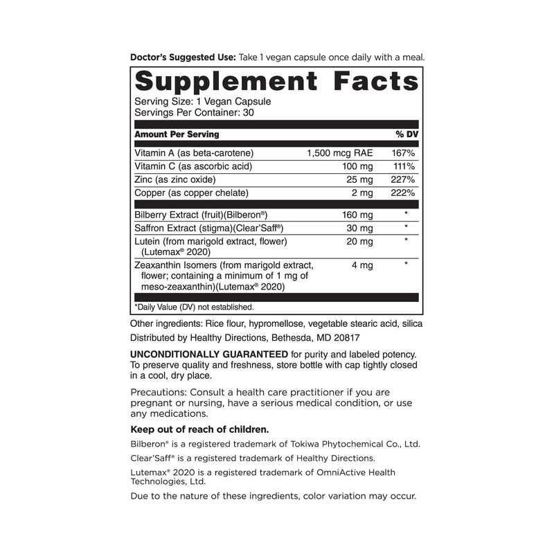 [Australia] - DOCTORS' PREFERRED Clinical-Grade OcuGold with Lutein and Zeaxanthin, Bilberry, Saffron for Macula & Retina Health, Digital Eye Strain, Eye Fatigue and Visual Performance - 30 Vegan Capsules 
