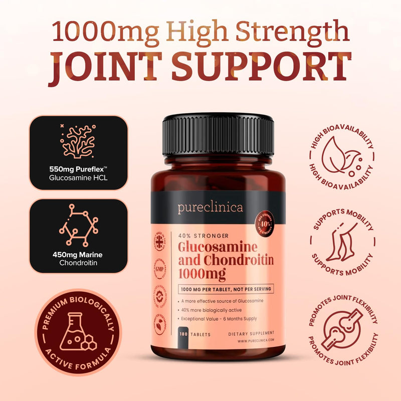 Glucosamine & Chondroitin 1000mg – High Strength Joint Support – Pureflex™ Glucosamine HCL + Marine Chondroitin – 360 Tablets (2×180) – 1 Year Supply – Premium Biologically Active Formula 180 count (Pack of 2)