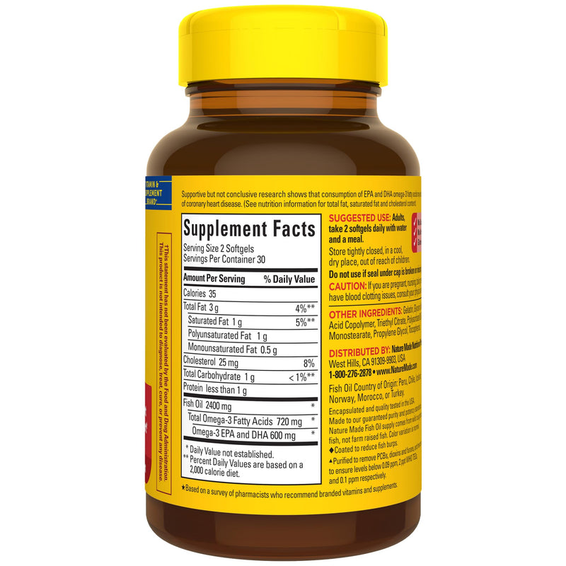Nature Made Burp Less Fish Oil Omega 3, 1200 mg Softgels, 60 Softgels | EPA DHA Omega 3 Fish Oil Supplements for Healthy Heart Support, 30 Day Supply 60 Count (Pack of 1)