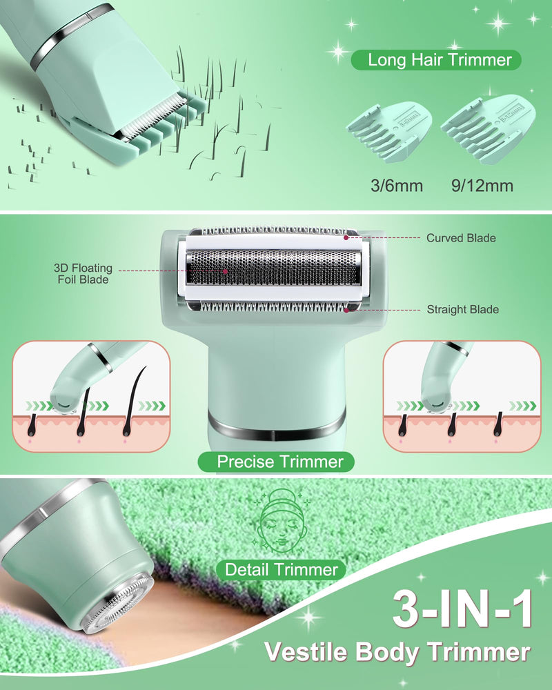 Bikini Trimmer for Women - 3 in 1 IPX7 Waterproof Electric Razors for Women,Body Pubic Hair Electric Shaver for Womens & Facial Hair Remover,Rechargeable Wet/Dry for Body,Underarm,Leg(Mint Green)