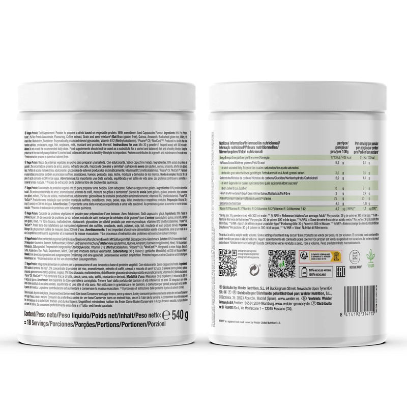 Weider Vegan Protein (540g) Iced Cappuccino Flavour. 23g Protein/dose, Pea Isolate (Pisane) & Rice Protein. with Vitamin B12 & Stevia. Gluten Free, Sugar Free. Packaging 50% Recycled 100% Recyclable