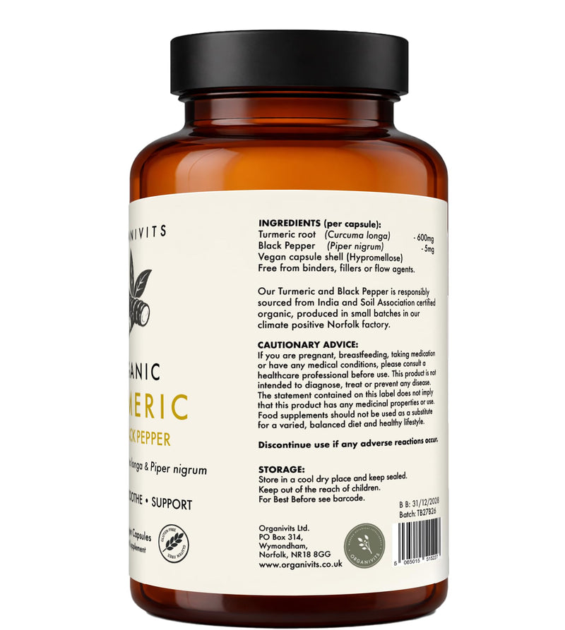 Organic Turmeric with Black Pepper | 600mg Curcuma Longa | 100% Pure | Longevity & Joint Comfort | Vegan Capsules | Soil Association Certified