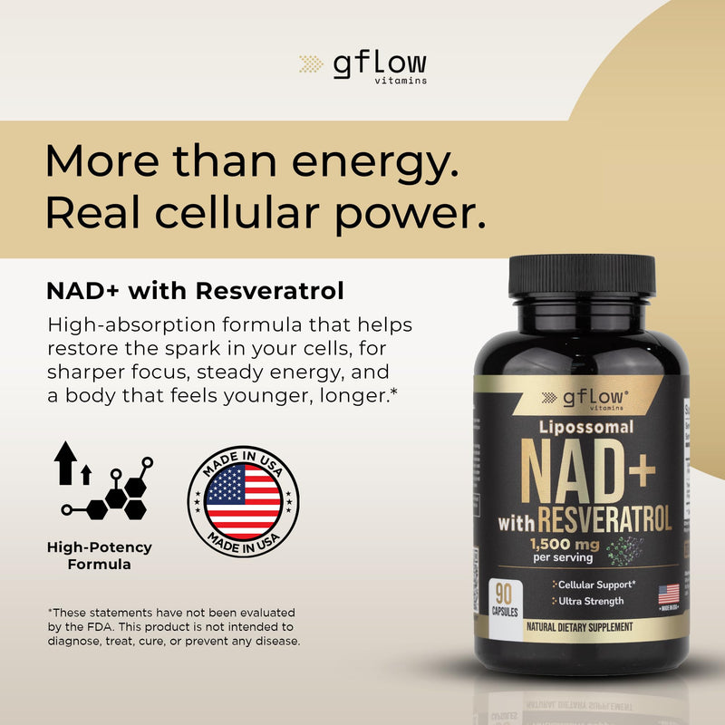 gflow vitamins NAD+ Supplement (Nicotinamide Adenine Dinucleotide) with Resveratrol as 98% Pure Trans-resveratrol | Antioxidant Anti-Aging Supplement Made in the USA