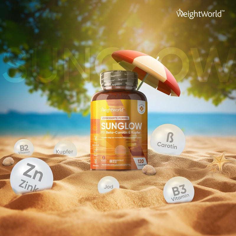 [Australia] - Sunglow Beta Carotene Complex as a tanning accelerator - 120 tablets - Vegan alternative to tanning capsules - For skin pigmentation & oxidative stress with copper, zinc, iodine, vitamin A, B3 & B2 