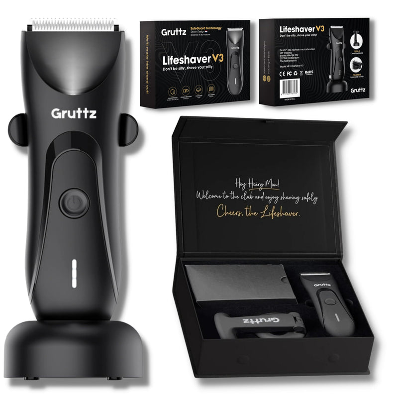 [Australia] - Gruttz, intimate razor for men, men's electric razor with standing charging station, razor for men's intimate area for chest, legs, armpit, groin, nose, IPX7, travel bag 