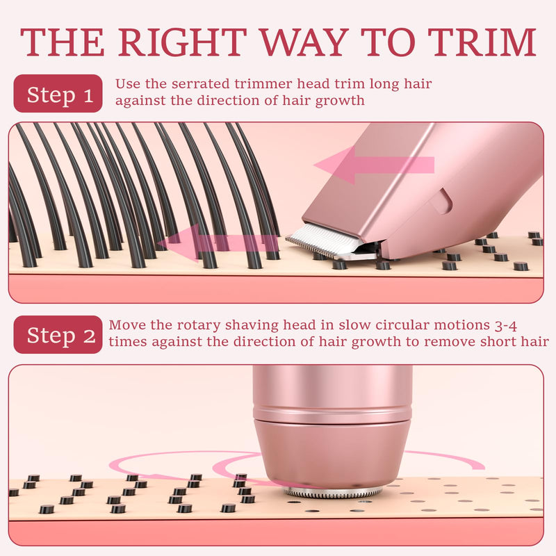2 in 1 Bikini Trimmer for Women: Electric Razor & Shaver [IPX7 Waterproof] with Dual Heads for Body Pubic Hair - Rechargeable Lady Facial Trimmer for Underarm Leg Arm Face Rose Gold
