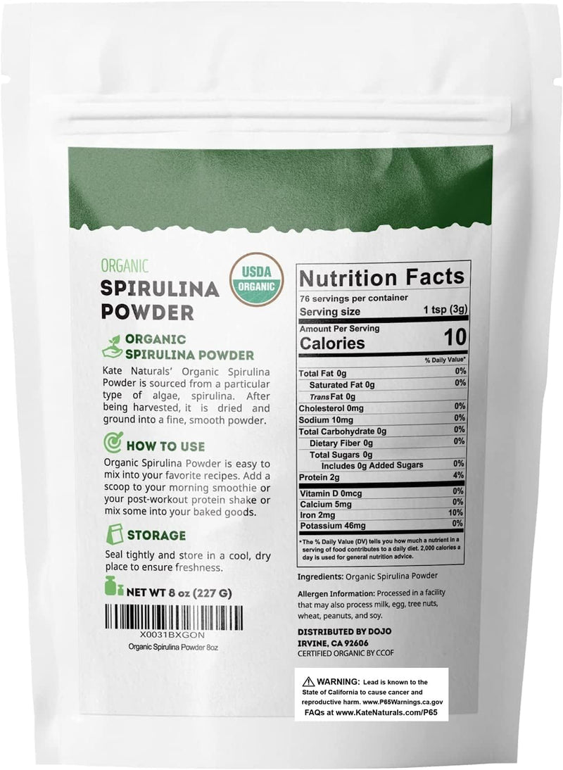 [Australia] - Kate Naturals Organic Spirulina Powder for Immune Support and Antioxidants. Nutrient Dense Superfood Supplement (8 oz, USDA Certified, Non-GMO, Gluten- Free) 8 Ounce (Pack of 1) 