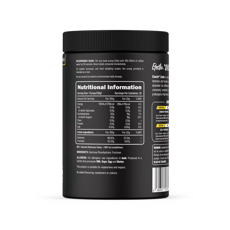 EFECTIV Carbohydrate Powder Drink – 2:1 Glucose Fructose Ratio – Fast Energy Sports Supplement – Endurance Fuel for Running, Cycling & Training – Easy Mix Carb Powder 25 Servings (500g, Unflavoured) 500g