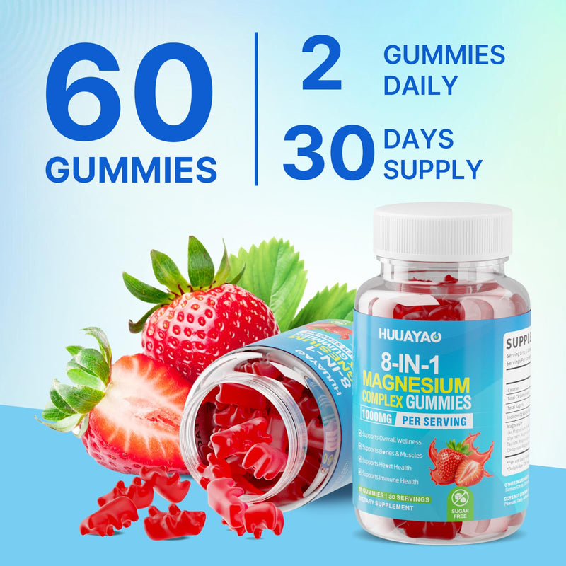 Magnesium Complex Gummies for Women Men 8 in 1, Magnesium Glycinate, Citrate, Malate, Taurate, Supports Bones, Muscle, Nerve Health, Sugar-Free, Vegan Non-GMO, Strawberry Flavor, 60 Count 60 Count (Pack of 1)