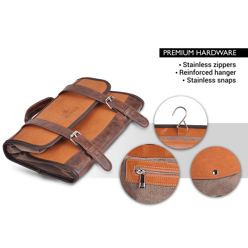 Leather Toiletry Bag for Men - Water Resistant, 2 Zippered Internal Pockets, 2 Snap-Fastened Internal Pockets, and Hanging Hook. Brown