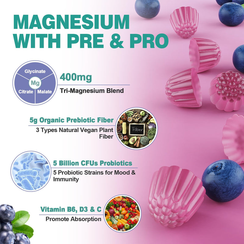 Magnesium Glycinate Citrate Malate Complex Gummies Sugar Free, Vegan, 60ct | Triple Magnesium 400mg with Prebiotics & Probiotics, Calm Gummies Supplement Plus Vitamin B6, D3 & C for Muscles & Mood 60 Count (Pack of 1)