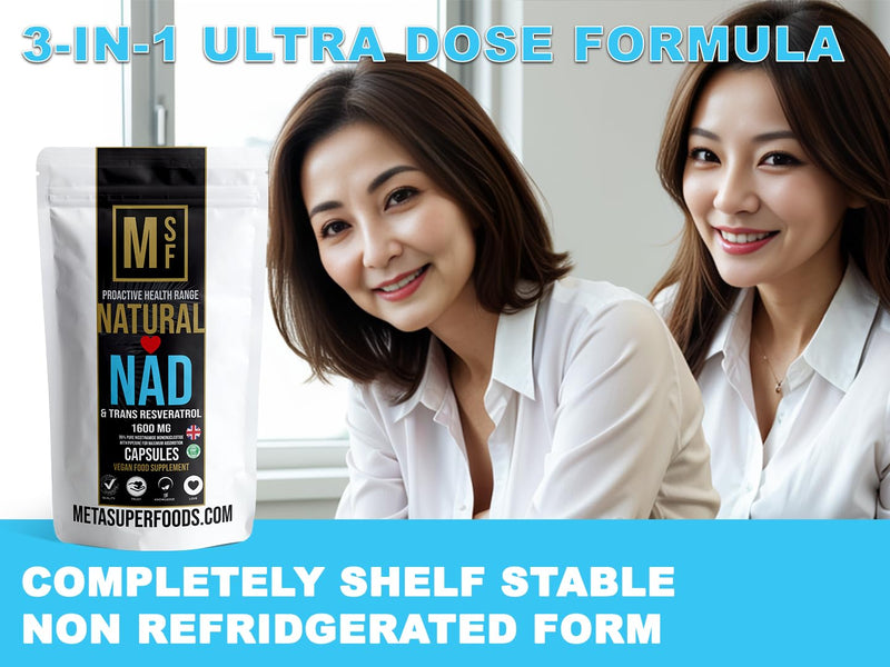 NAD and Trans Resveratrol | 99% Super Strength Anti Ageing | (1600mg) Serving | 60 High Strength Capsules NAD+ | Vegan with Piperine Max Absorption 60 count (Pack of 1)