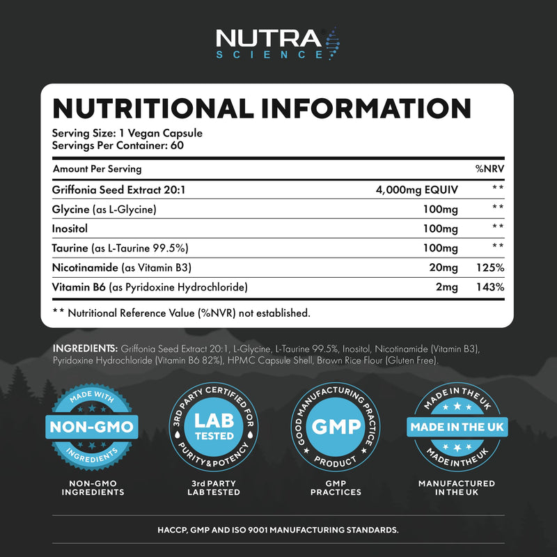 5HPT Ultra 4,000MG - Extra Strength Griffonia Seed Extract Neurotransmitter Support with Nicotinamide, Glycine, Inositol, Vitamin B6, 60 Vegan Capsules