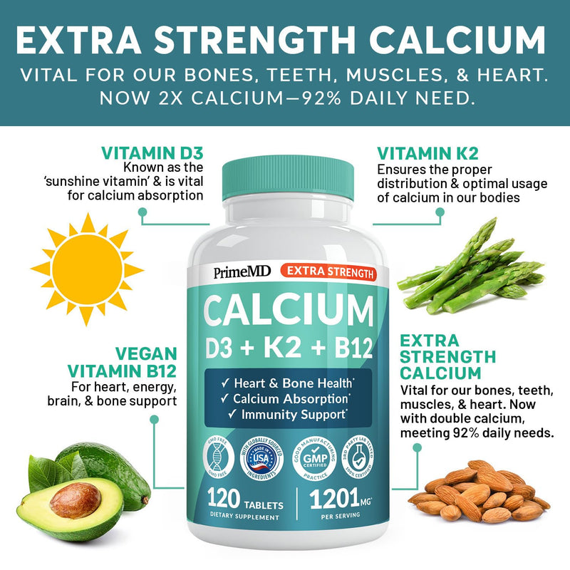 4-in-1 Calcium 1200 mg with Vitamin D3 K2 - Extra Strength Calcium Supplements for Women & Men with D3 K2 Vitamin 5000 IU - Everyday Vitality Supplement - Vegan-Friendly, Gluten-Free, Non-GMO (240ct) 120 Count (Pack of 2)