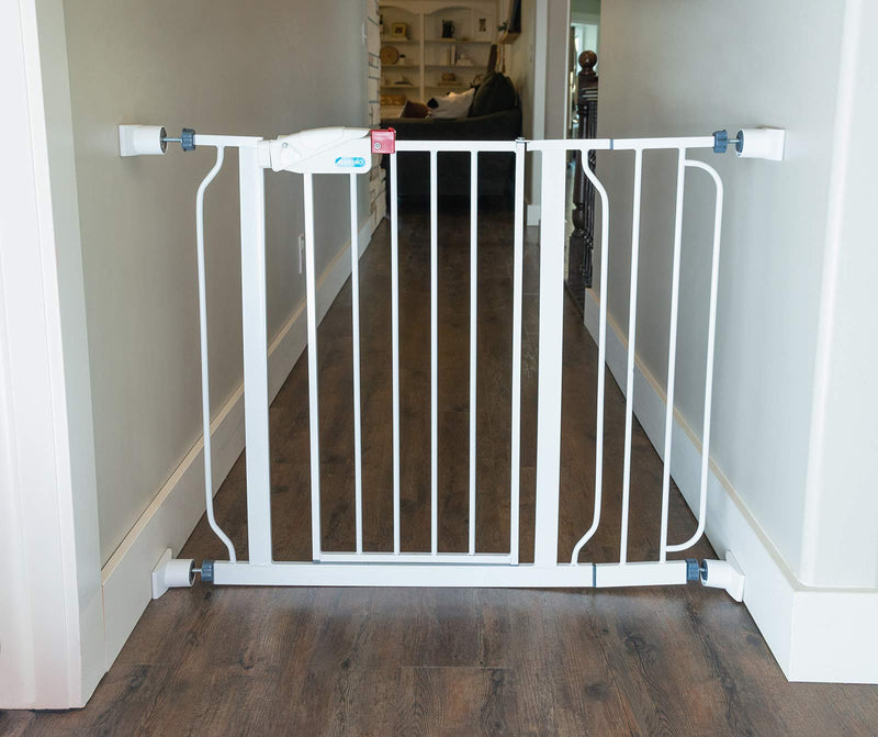 [Australia] - Wall Nanny Extender - 4 Inch Baby Gate Extension Guard (Made in USA) Extends Pressure Mounted Gates - Protects Walls, Stabilizes Gate, for Child, Pet Gate & Dog Gate, Protector Works on Stairs, 4 Pack White 